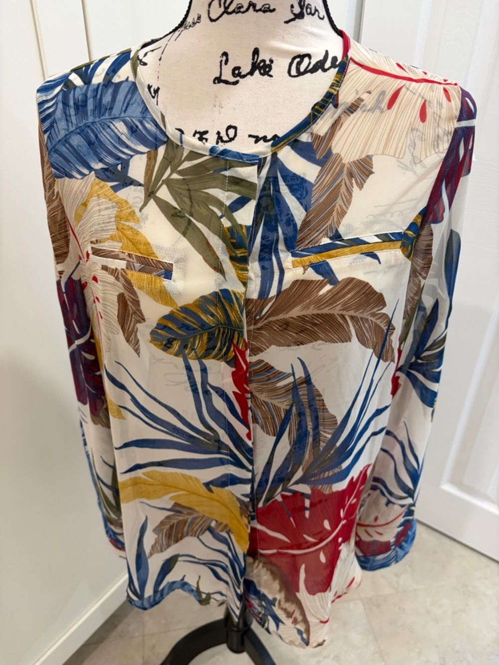 Ovi Tropical Leaf Print Long-Sleeve Blouse - Blue, Red, Brown, Green, Yellow